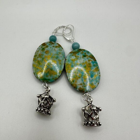 SALE! 3” dangle earrings with painted acrylic beads, stone, and crown charms! - Picture 2 of 13